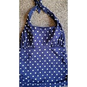 Lands' End Swim Top Navy 14P Halter Tankini Ruched (L) Polka Dot Padded Bra S609